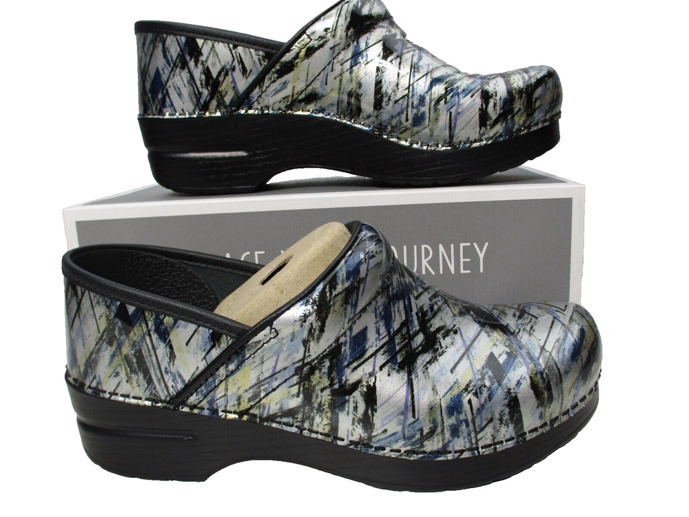 Dansko Blue Gray Black Patent Leather Professional Clogs Shoes Womens Sz 8.5-9
